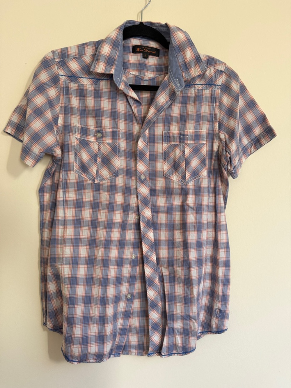 Ben Sherman Short-Sleeve Plaid Button-Down Shirt - Blue/White/Red